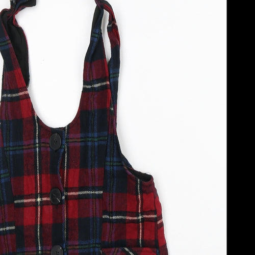 NEXT Girls Red Plaid Cotton Pinafore/Dungaree Dress Size 8 Years Round Neck - Tartan