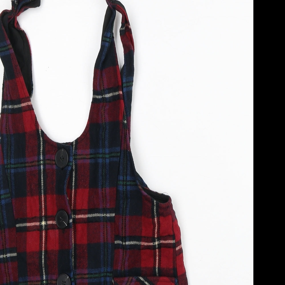 NEXT Girls Red Plaid Cotton Pinafore/Dungaree Dress Size 8 Years Round Neck - Tartan