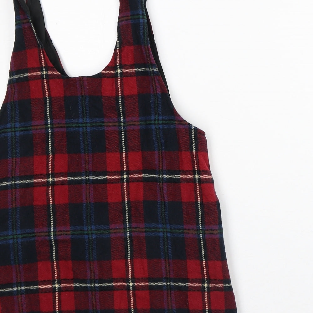 NEXT Girls Red Plaid Cotton Pinafore/Dungaree Dress Size 8 Years Round Neck - Tartan