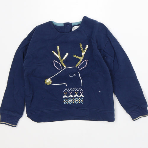 Marks and Spencer Boys Blue Cotton Pullover Sweatshirt Size 4-5 Years - Reindeer