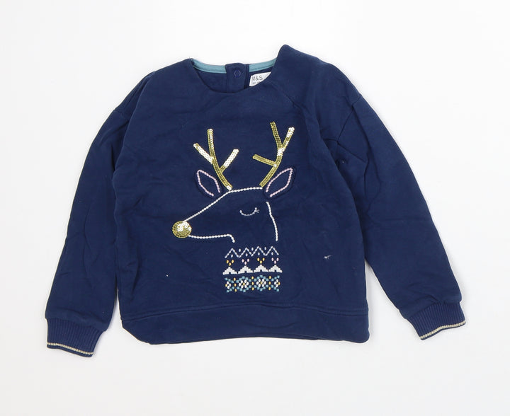 Marks and Spencer Boys Blue Cotton Pullover Sweatshirt Size 4-5 Years - Reindeer