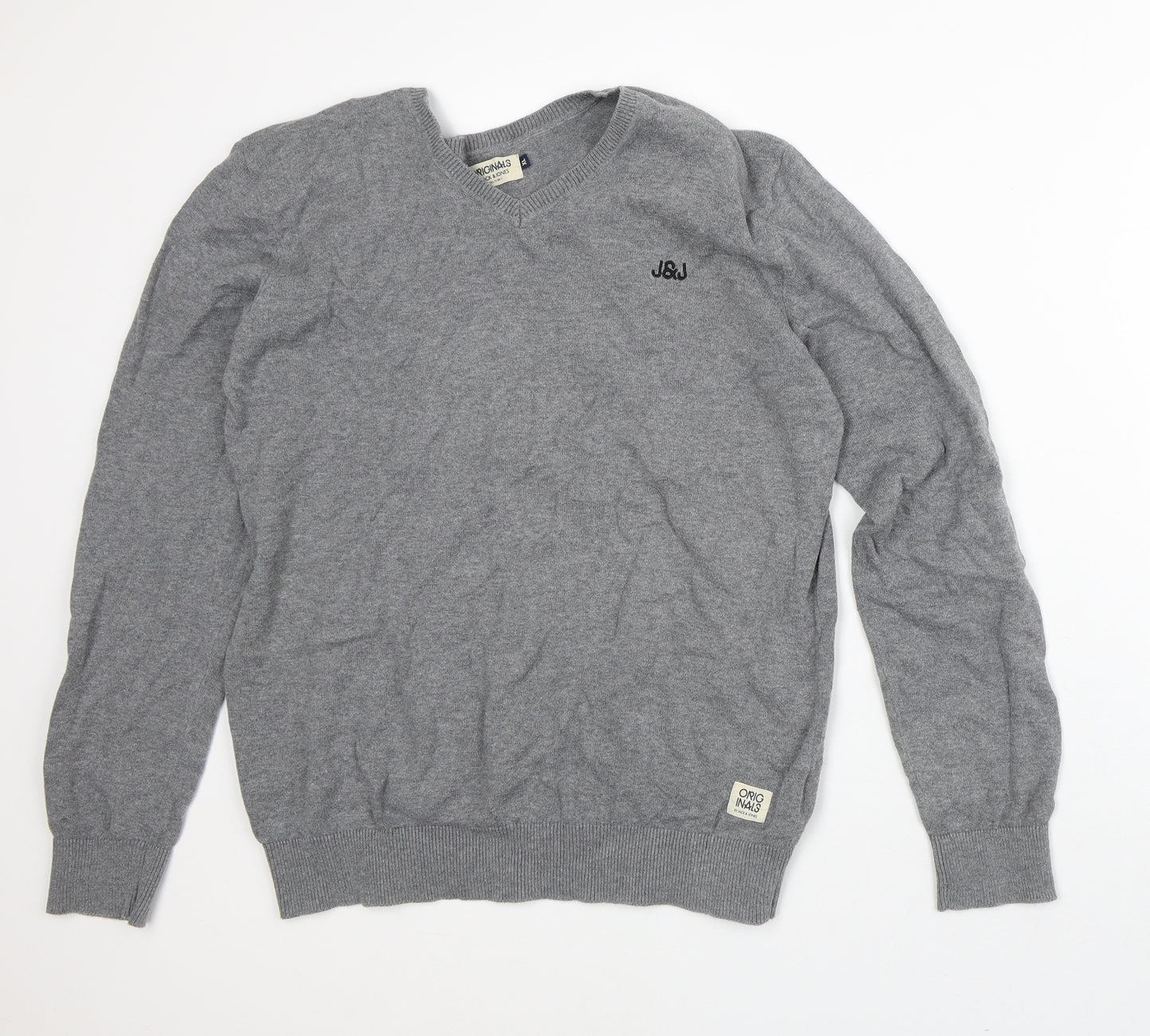 JACK & JONES Mens Grey V-Neck Cotton Pullover Jumper Size XL
