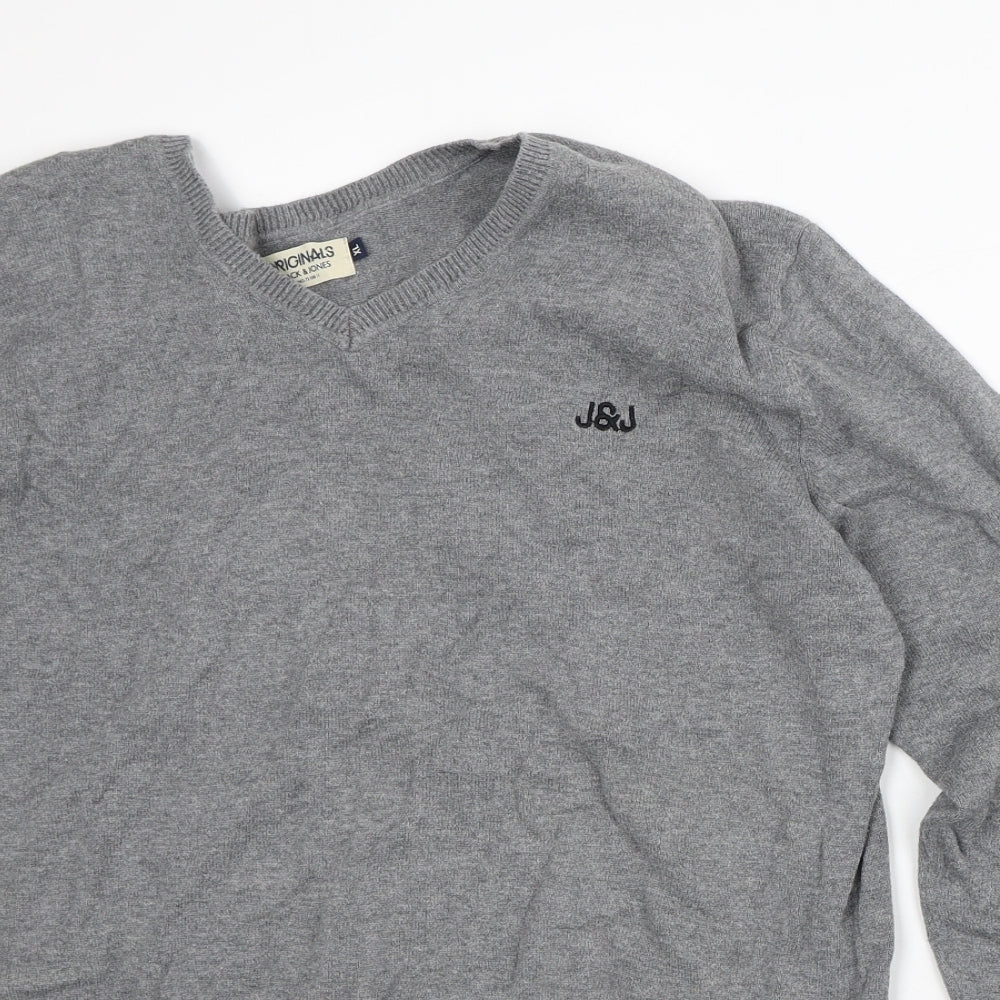 JACK & JONES Mens Grey V-Neck Cotton Pullover Jumper Size XL