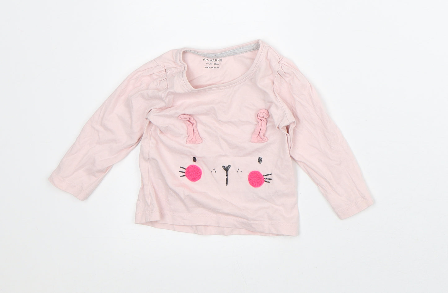 Primark Girls Pink Cotton Basic T-Shirt Size 9-12 Months Crew Neck - Bunny