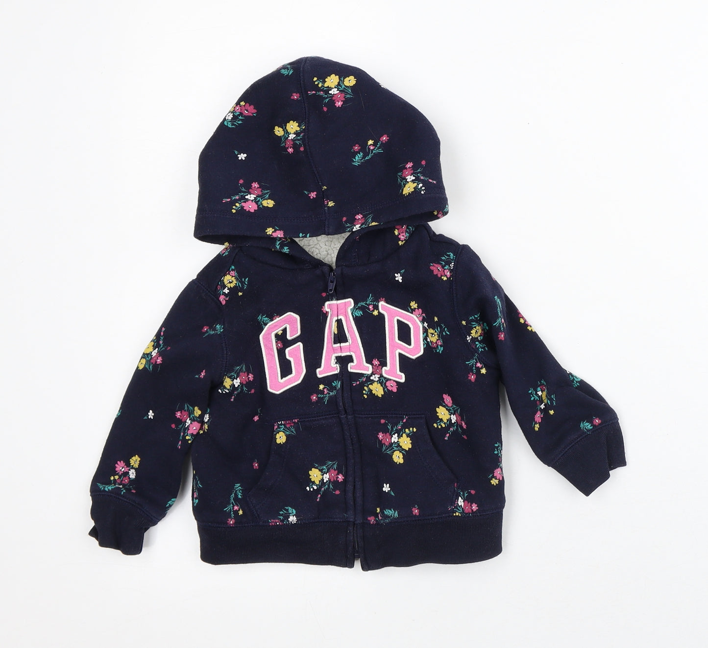 Gap Girls Blue Floral Cotton Pullover Jumper Size 18-24 Months - Fleece Lined Hoodie