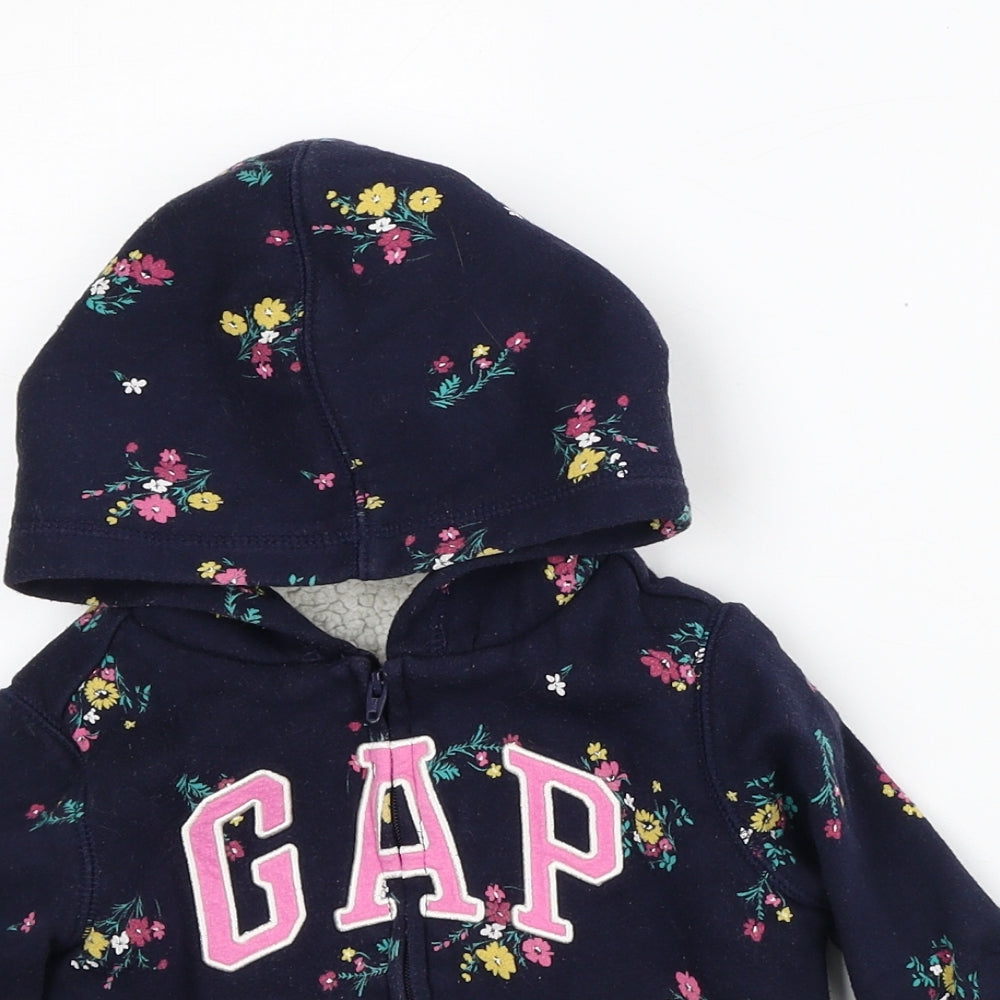 Gap Girls Blue Floral Cotton Pullover Jumper Size 18-24 Months - Fleece Lined Hoodie