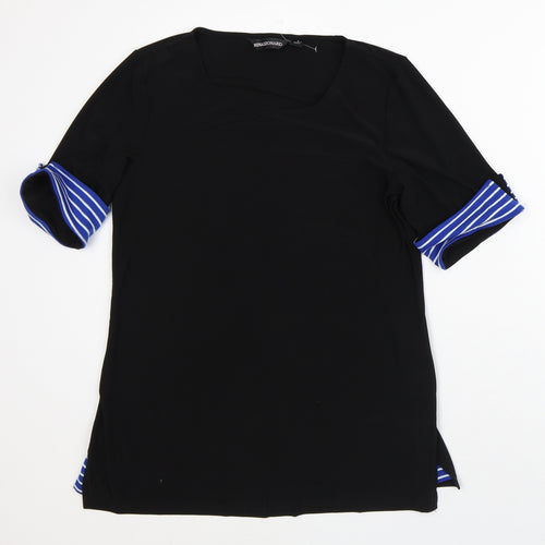 Nina Leonard Womens Black Striped Polyester Basic T-Shirt Size M Round Neck