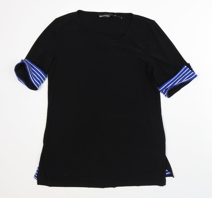 Nina Leonard Womens Black Striped Polyester Basic T-Shirt Size M Round Neck