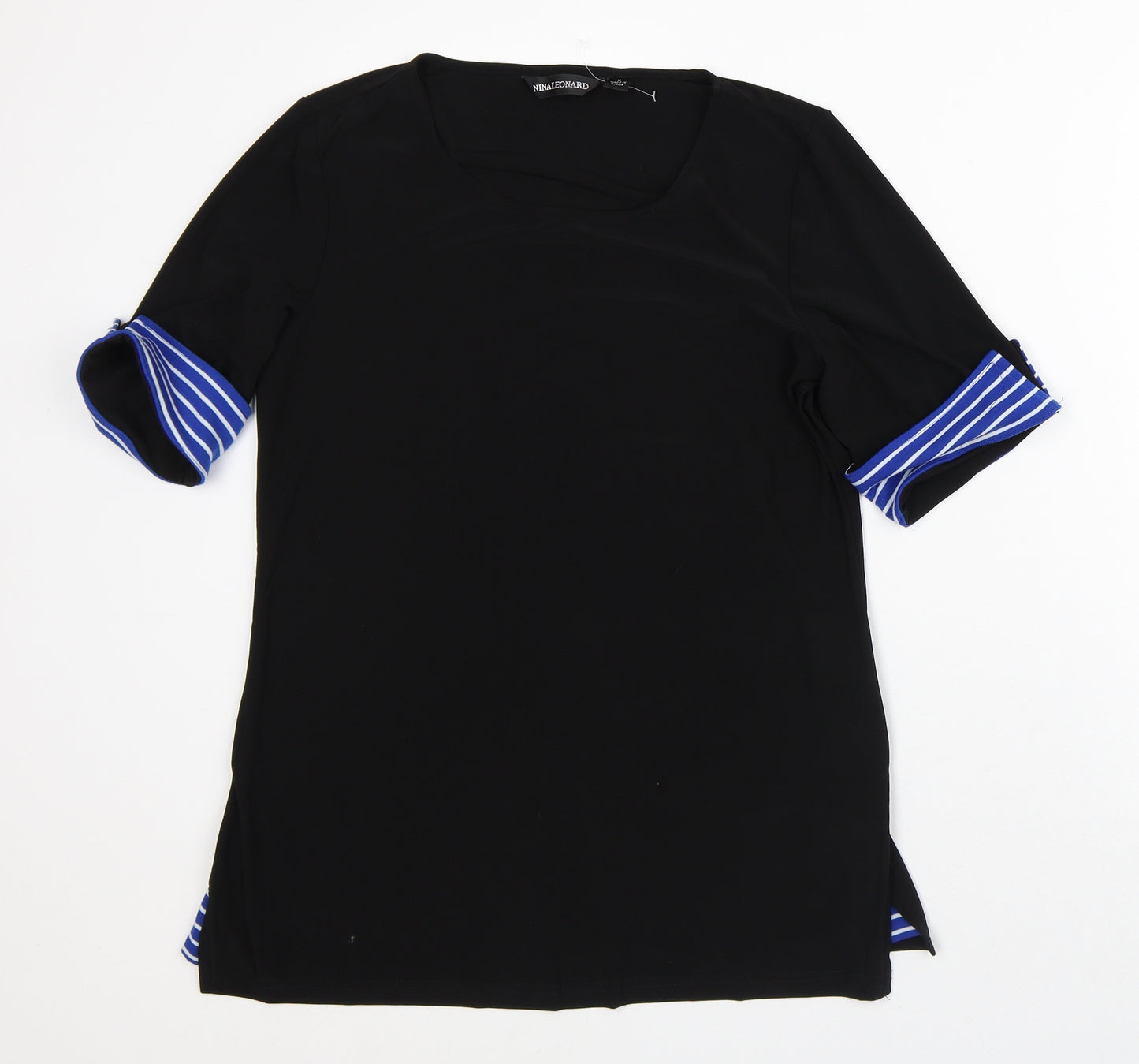 Nina Leonard Womens Black Striped Polyester Basic T-Shirt Size M Round Neck