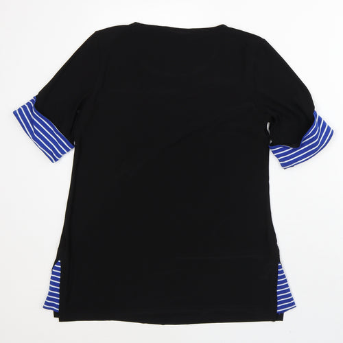 Nina Leonard Womens Black Striped Polyester Basic T-Shirt Size M Round Neck