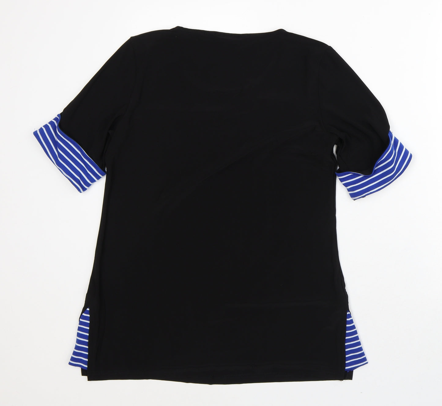 Nina Leonard Womens Black Striped Polyester Basic T-Shirt Size M Round Neck