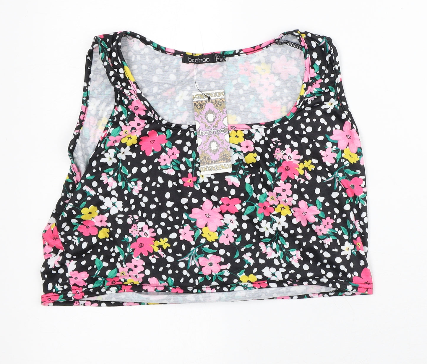 Boohoo Womens Black Floral Polyester Cropped Tank Size 16 Round Neck