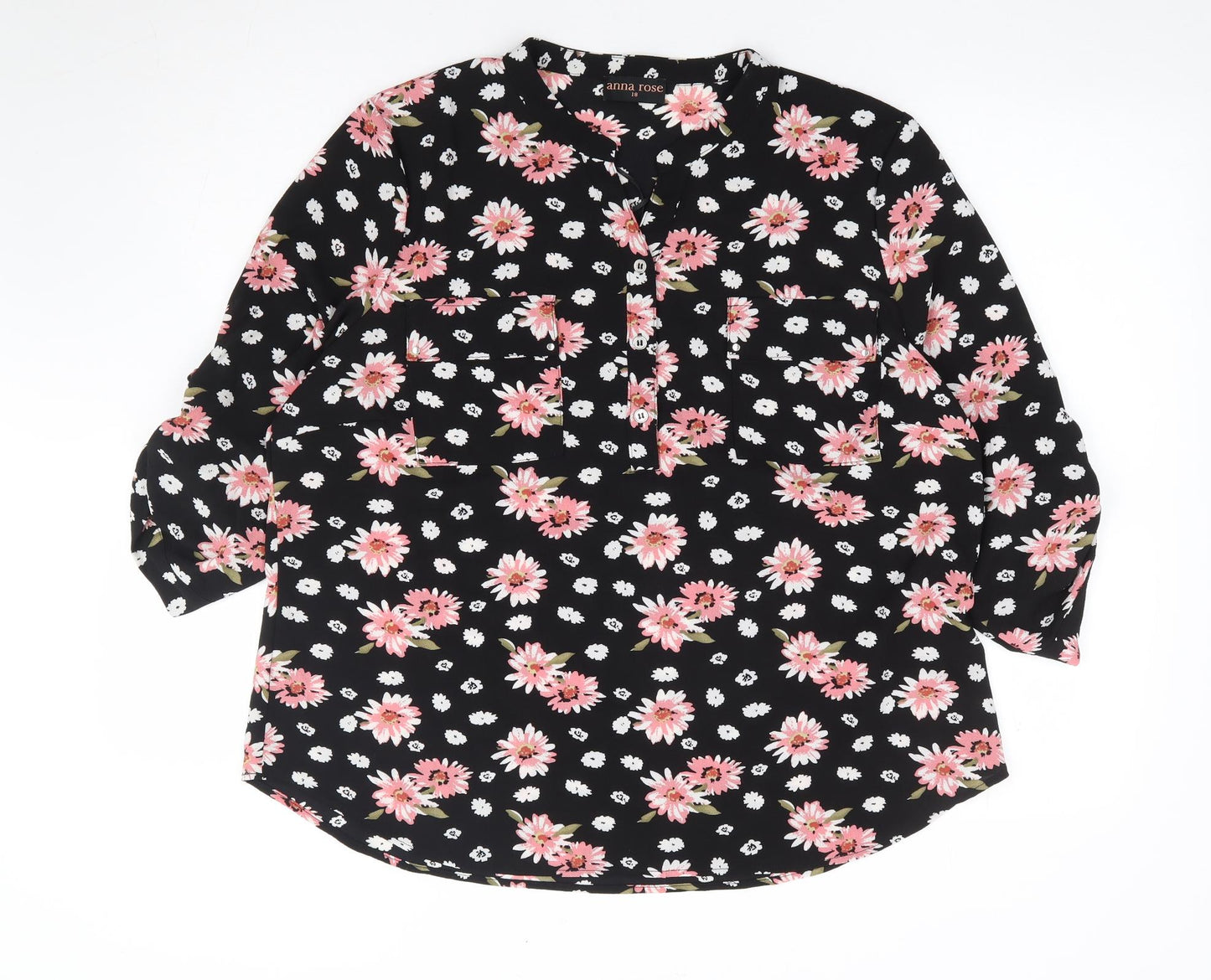 Anna Rose Womens Black Floral Polyester Jersey Blouse Size 18 V-Neck