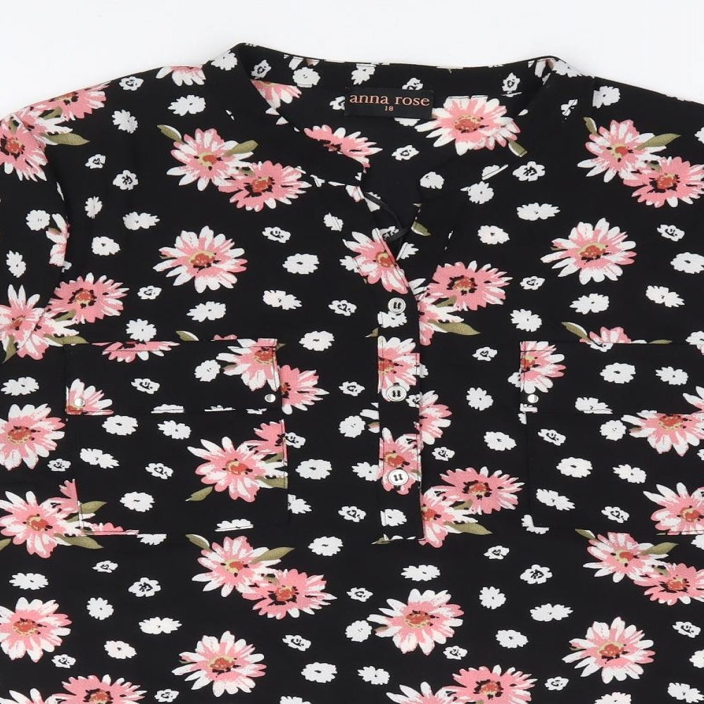 Anna Rose Womens Black Floral Polyester Jersey Blouse Size 18 V-Neck
