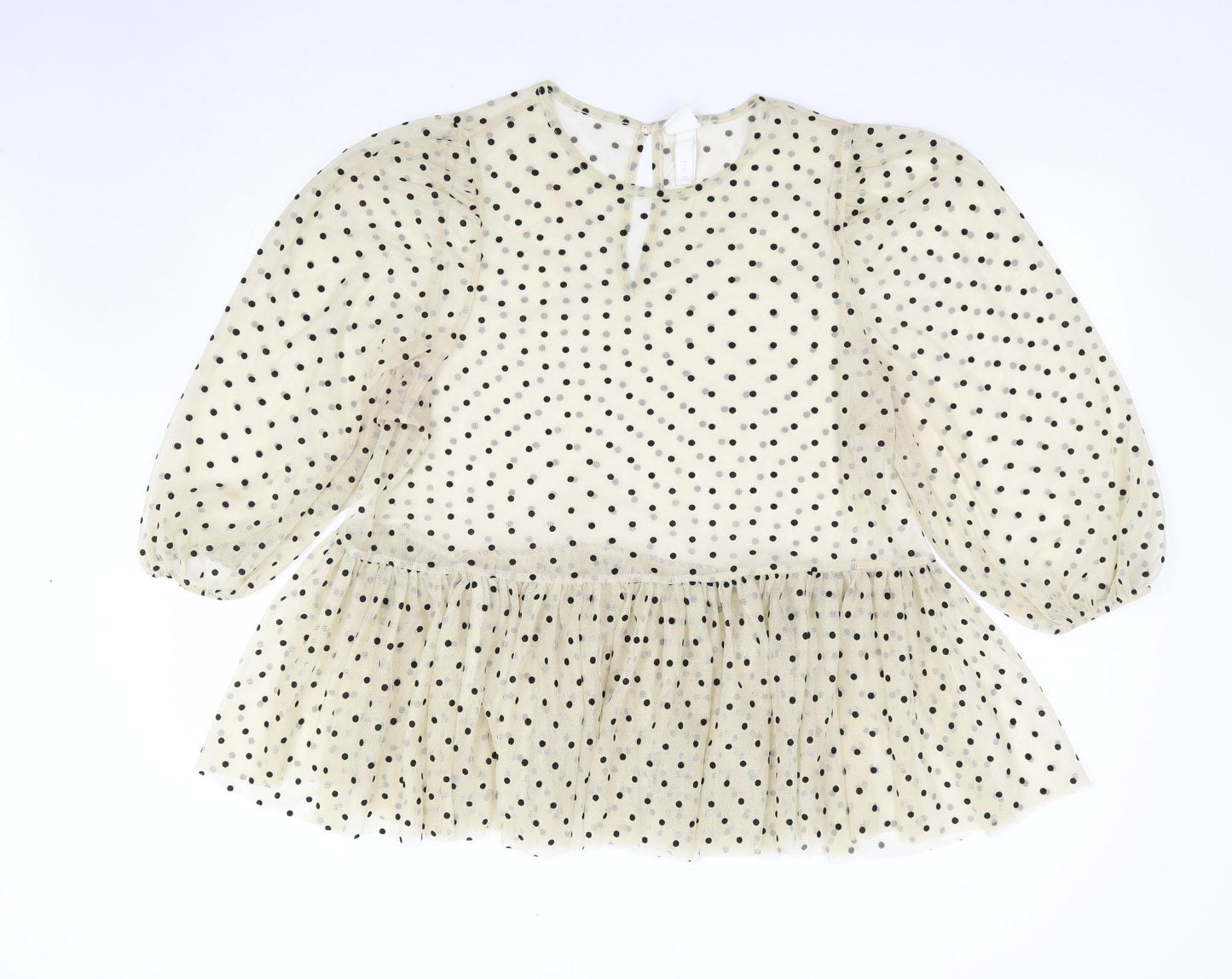 H&M Womens Beige Polka Dot Polyester Jersey Blouse Size L Round Neck