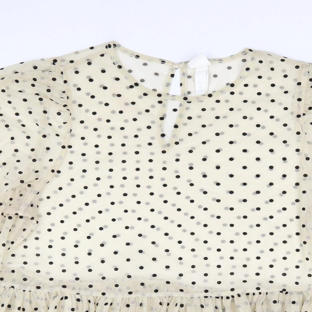 H&M Womens Beige Polka Dot Polyester Jersey Blouse Size L Round Neck