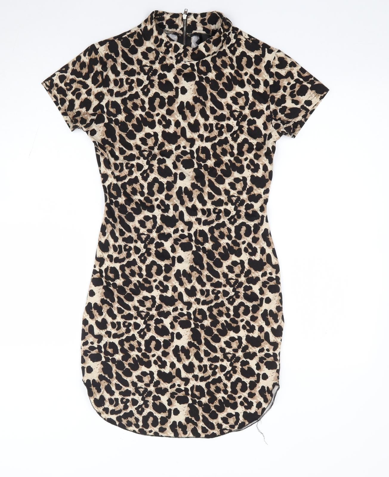 AX Paris Womens Brown Animal Print Polyester Bodycon Size 8 High Neck Zip