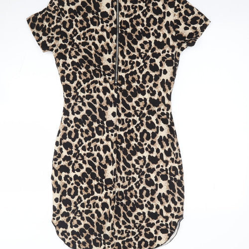 AX Paris Womens Brown Animal Print Polyester Bodycon Size 8 High Neck Zip
