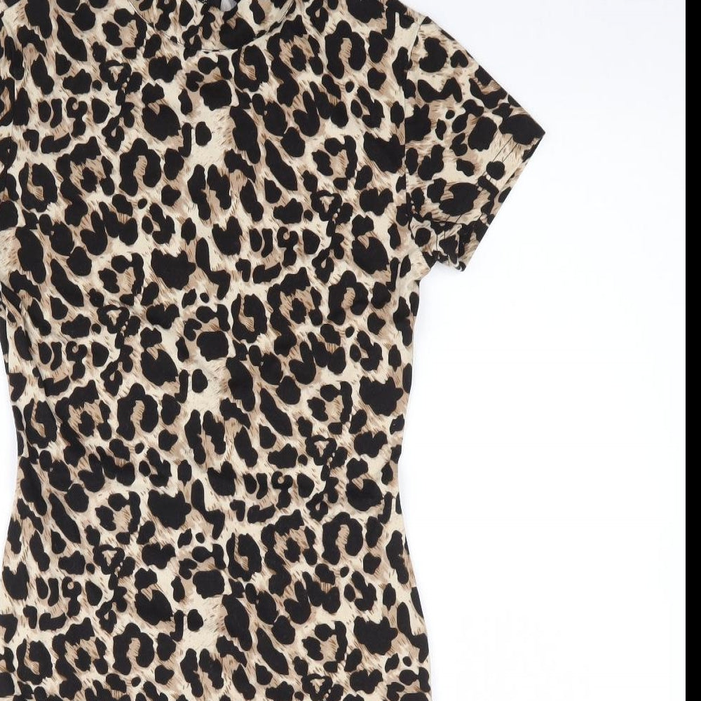 AX Paris Womens Brown Animal Print Polyester Bodycon Size 8 High Neck Zip