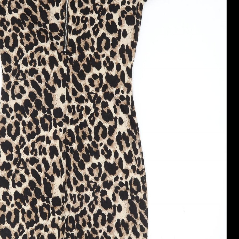 AX Paris Womens Brown Animal Print Polyester Bodycon Size 8 High Neck Zip