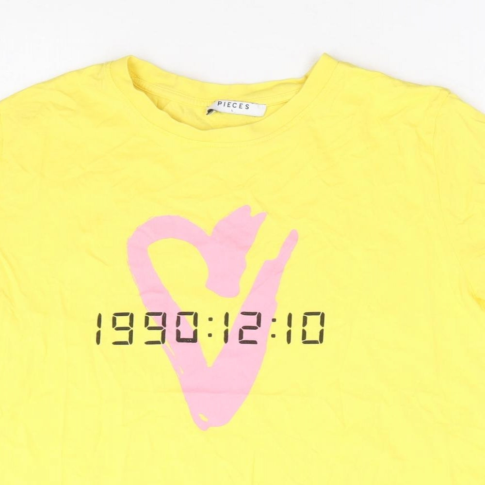 Pieces Womens Yellow 100% Cotton Basic T-Shirt Size L Crew Neck