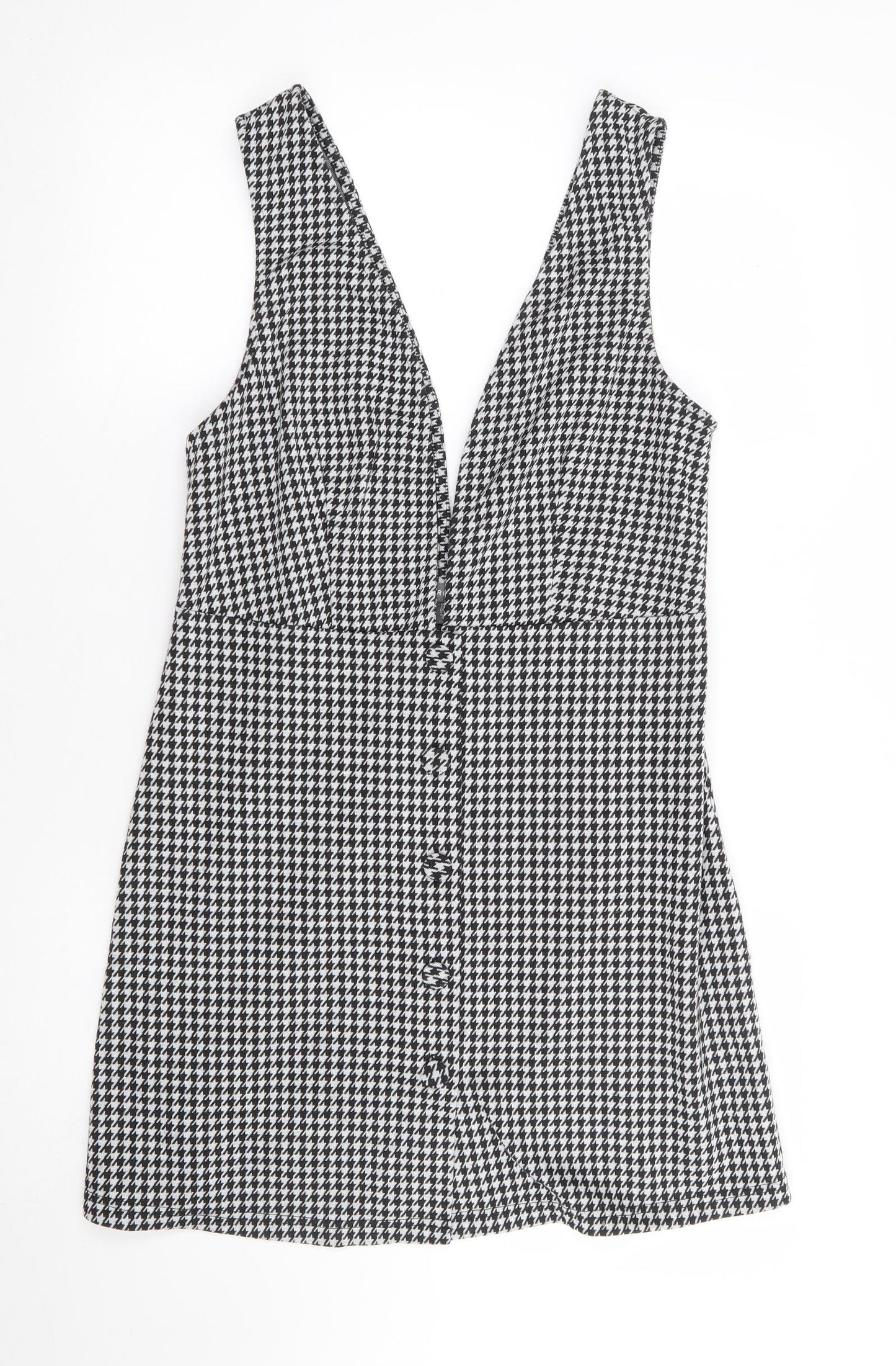 Primark Womens Black Herringbone Polyester Pinafore/Dungaree Dress Size 14 V-Neck Button