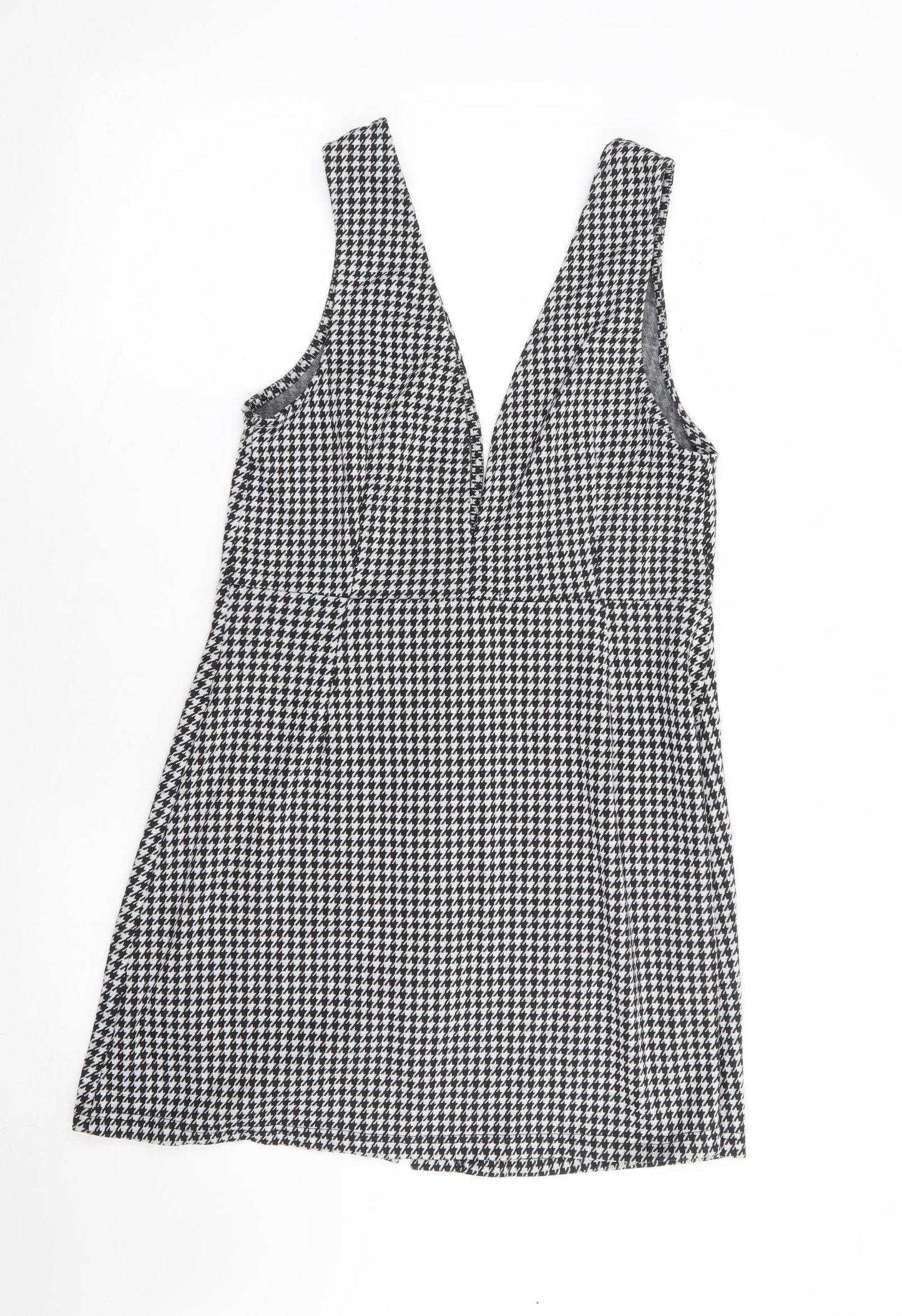 Primark Womens Black Herringbone Polyester Pinafore/Dungaree Dress Size 14 V-Neck Button