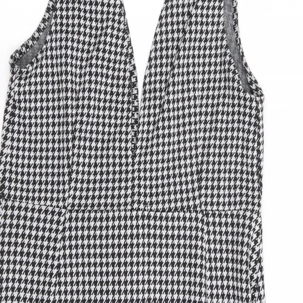 Primark Womens Black Herringbone Polyester Pinafore/Dungaree Dress Size 14 V-Neck Button