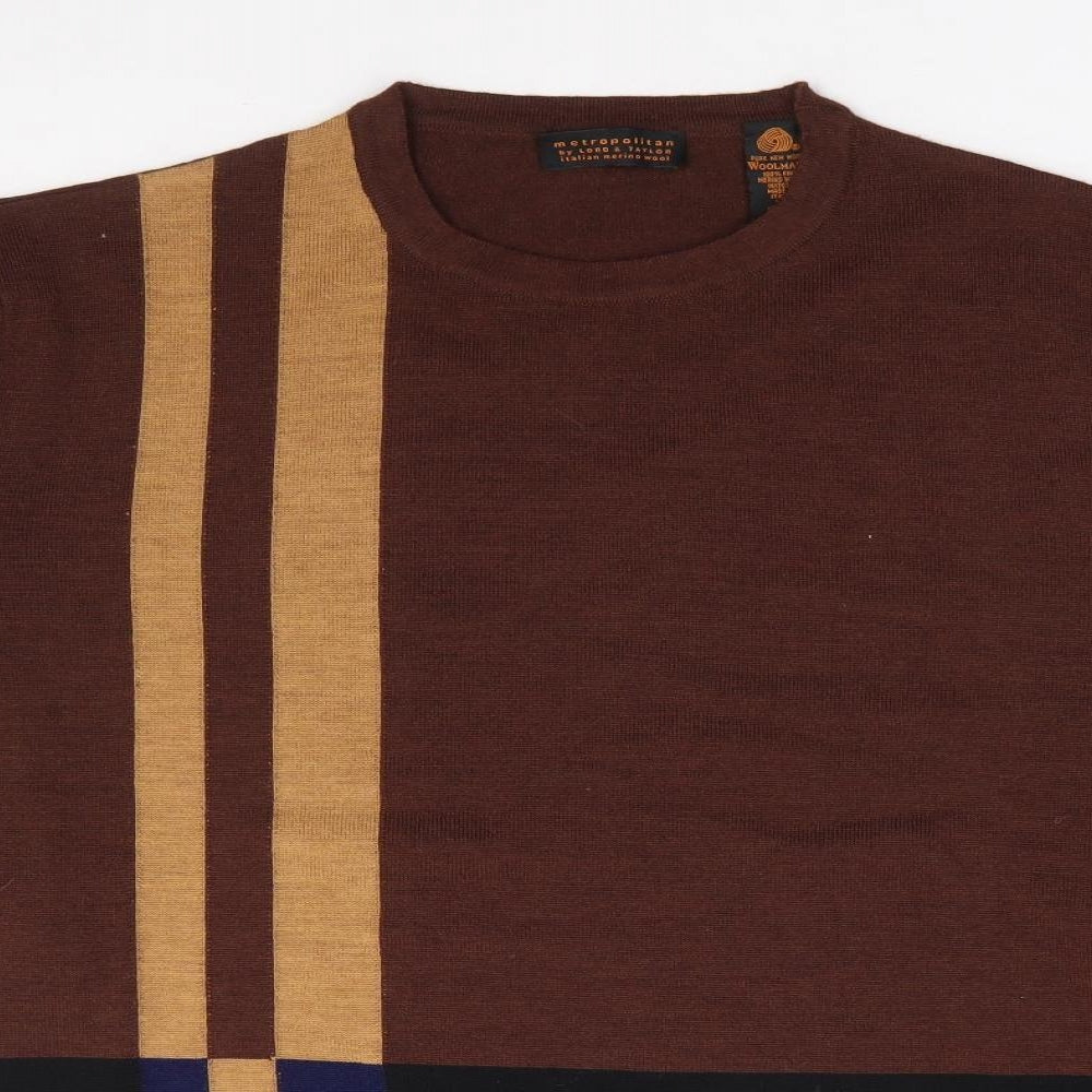 LORD & TAYLOR Mens Brown Crew Neck Geometric Wool Pullover Jumper Size XL
