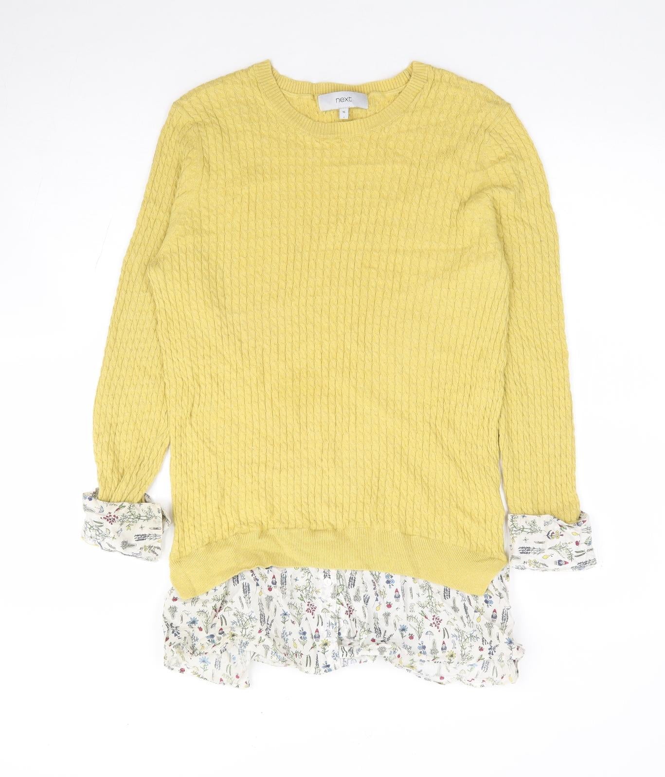 NEXT Womens Yellow Round Neck Floral Cotton Pullover Jumper Size 16