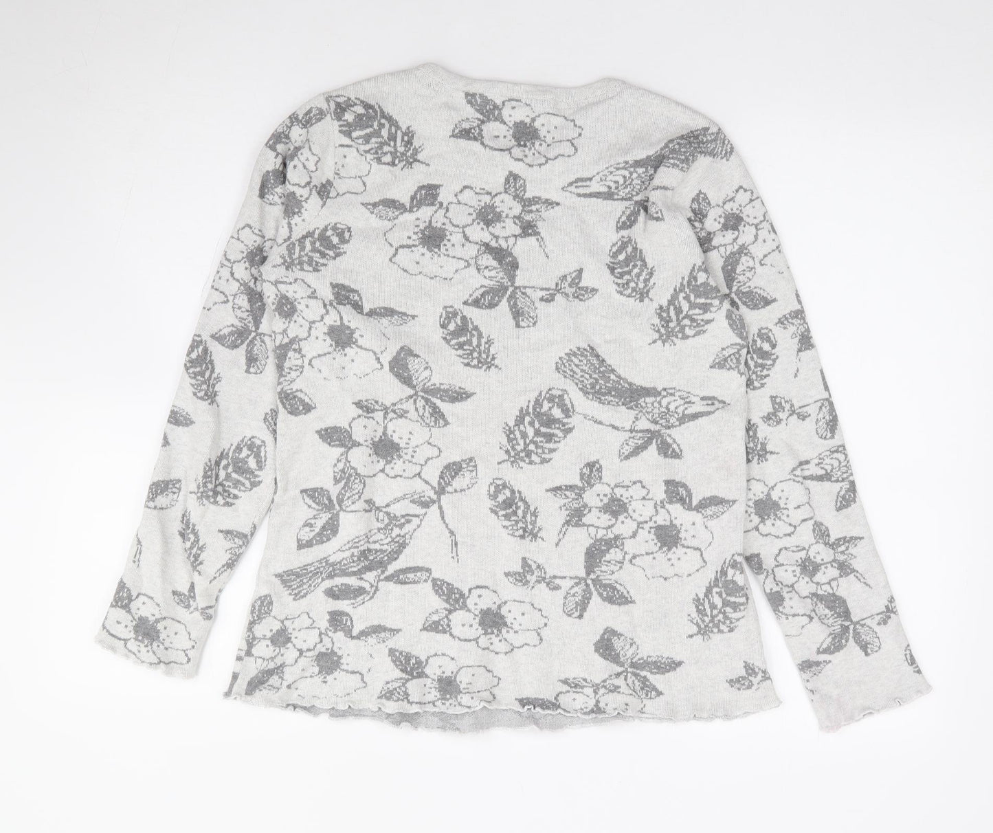 Mantaray Womens Grey Round Neck Floral 100% Cotton Pullover Jumper Size 10