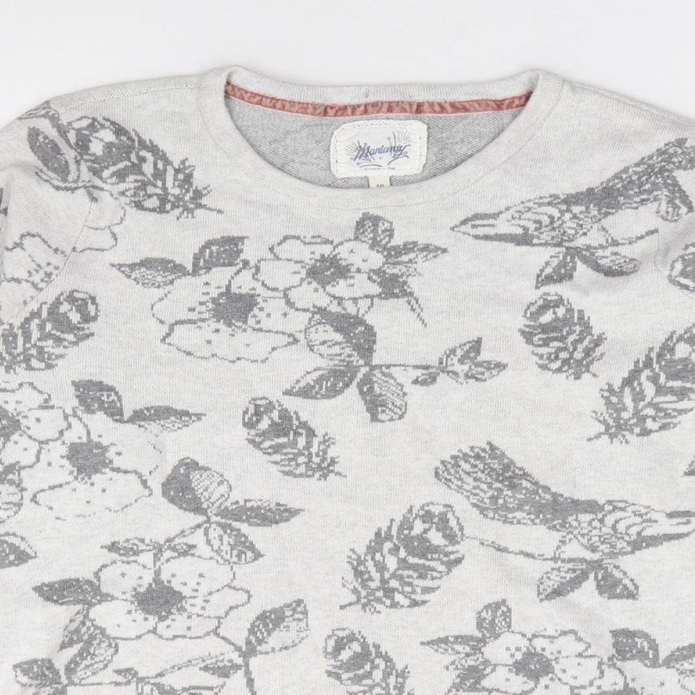 Mantaray Womens Grey Round Neck Floral 100% Cotton Pullover Jumper Size 10