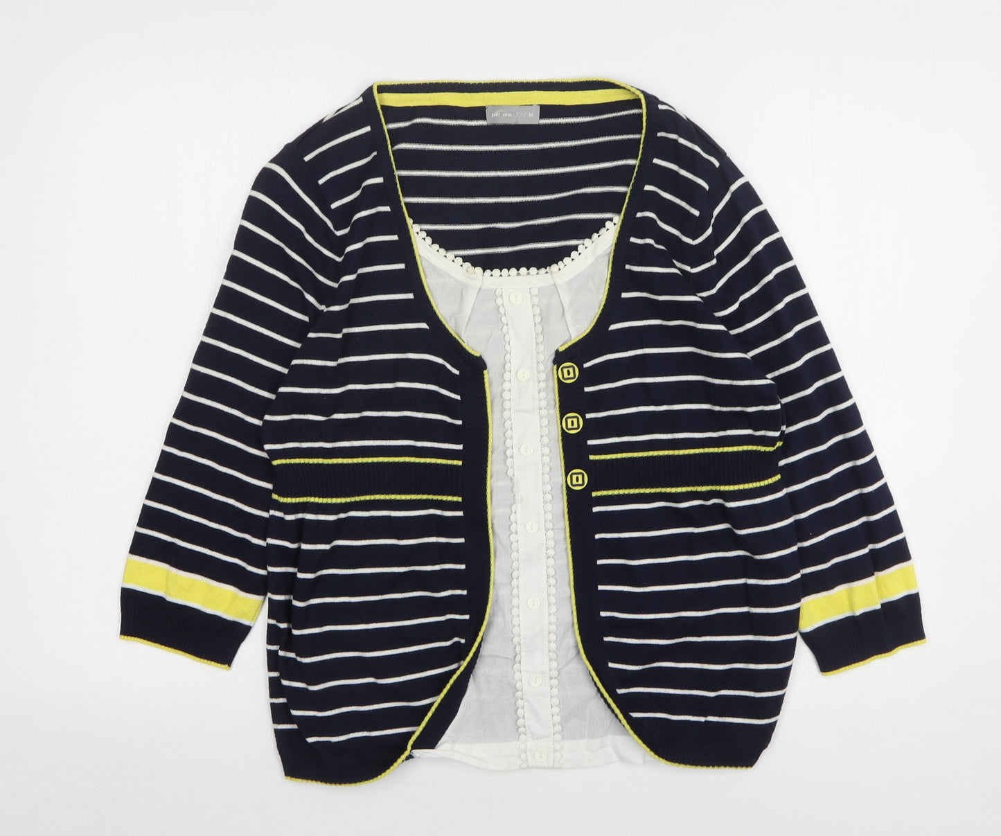 Per Una Womens Blue Round Neck Striped Cotton Pullover Jumper Size 16