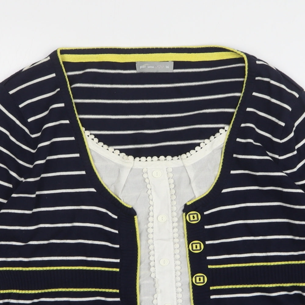 Per Una Womens Blue Round Neck Striped Cotton Pullover Jumper Size 16