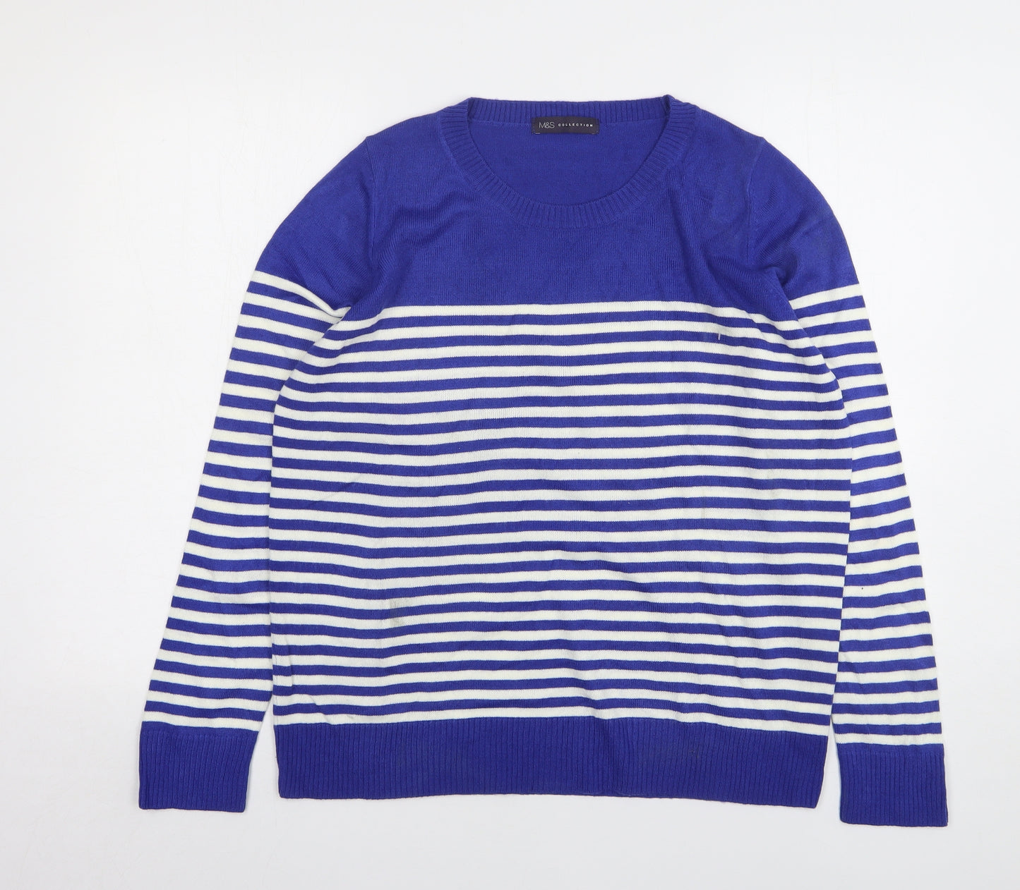 Marks and Spencer Womens Blue Round Neck Striped Acrylic Pullover Jumper Size 18