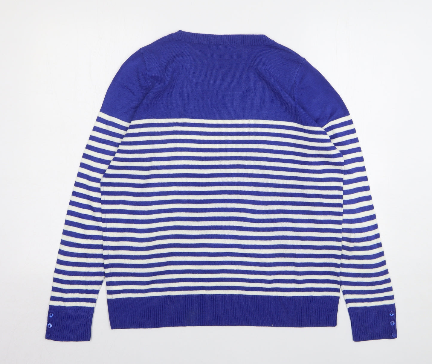 Marks and Spencer Womens Blue Round Neck Striped Acrylic Pullover Jumper Size 18
