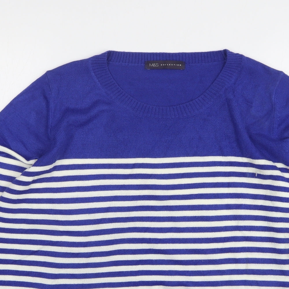 Marks and Spencer Womens Blue Round Neck Striped Acrylic Pullover Jumper Size 18