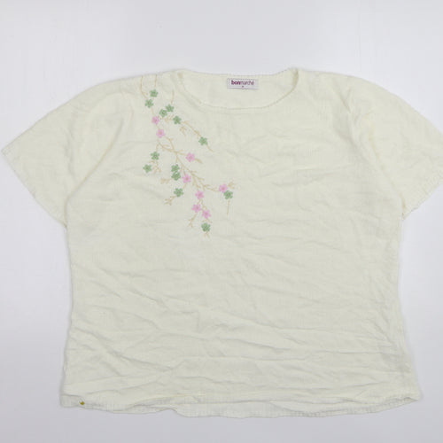 Bonmarché Womens Ivory Round Neck Floral Acrylic Pullover Jumper Size M