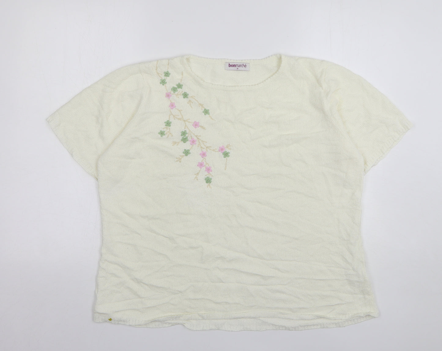Bonmarché Womens Ivory Round Neck Floral Acrylic Pullover Jumper Size M