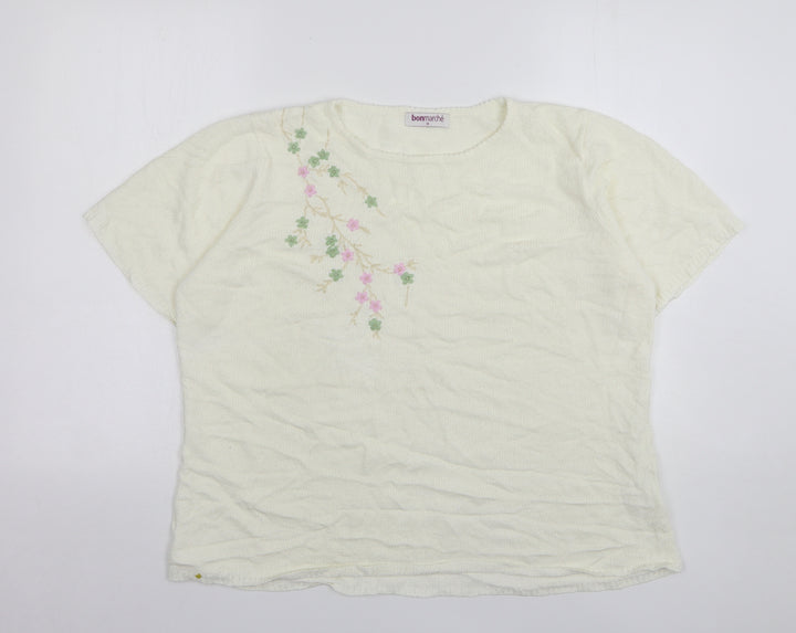 Bonmarché Womens Ivory Round Neck Floral Acrylic Pullover Jumper Size M