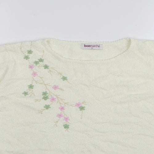 Bonmarché Womens Ivory Round Neck Floral Acrylic Pullover Jumper Size M