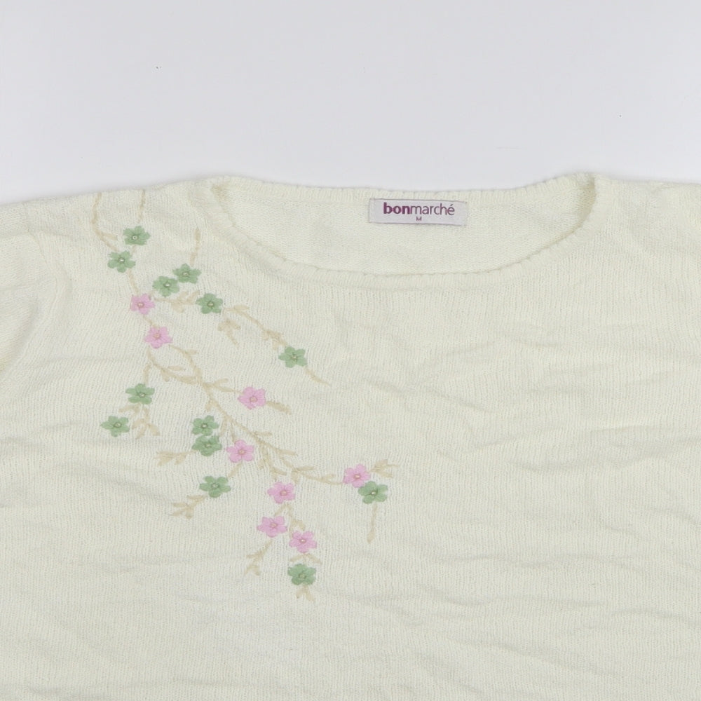 Bonmarché Womens Ivory Round Neck Floral Acrylic Pullover Jumper Size M