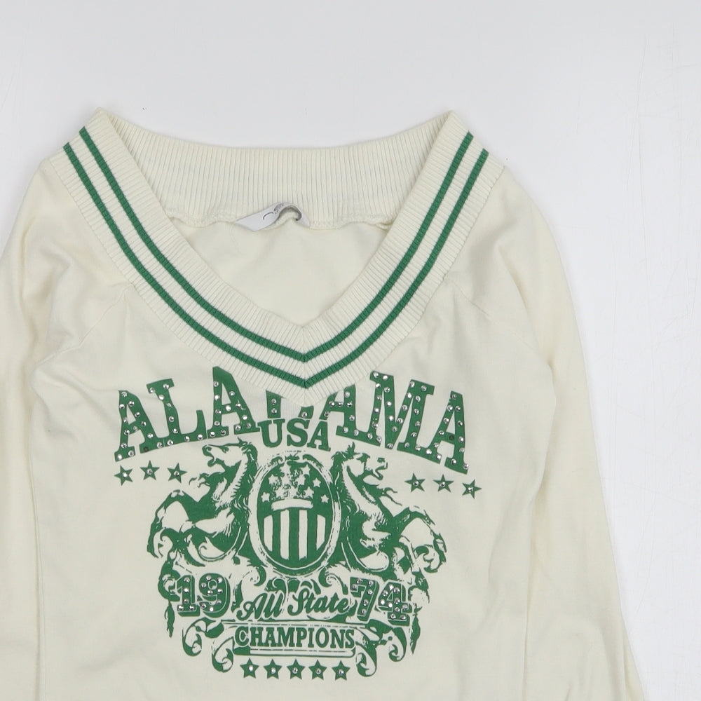 New Look Womens White V-Neck Cotton Pullover Jumper Size 8