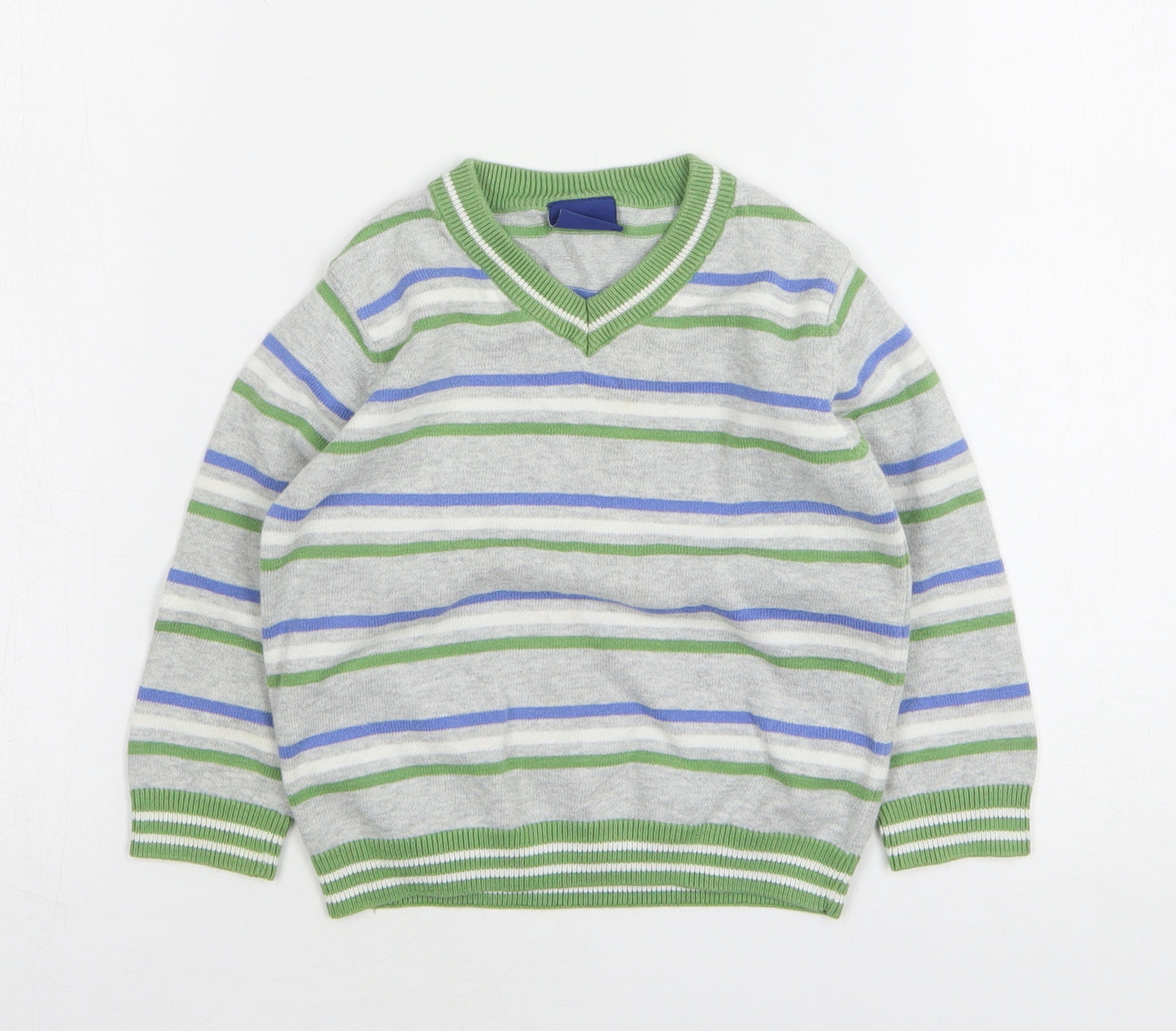 Cherokee Boys Grey V-Neck Striped Cotton Pullover Jumper Size 2-3 Years