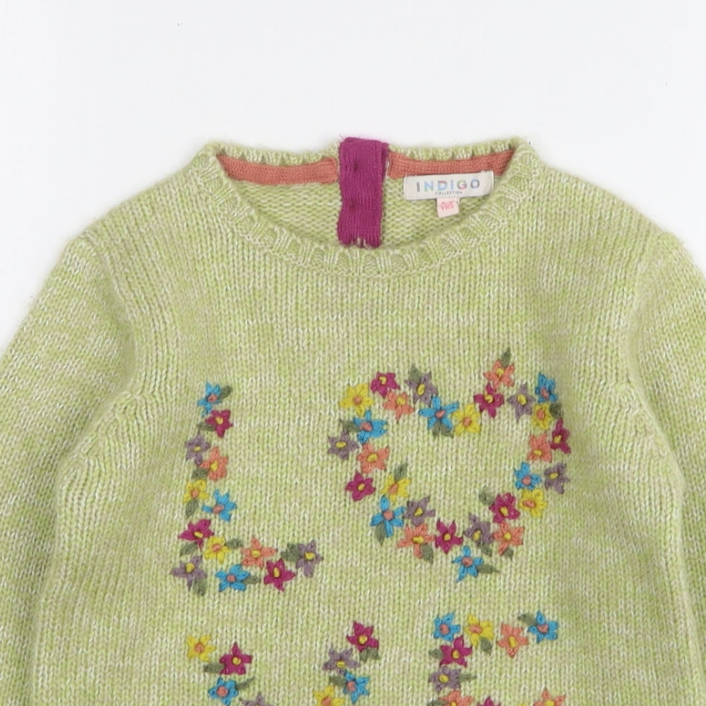Marks and Spencer Girls Green Round Neck Acrylic Pullover Jumper Size 5-6 Years - Love