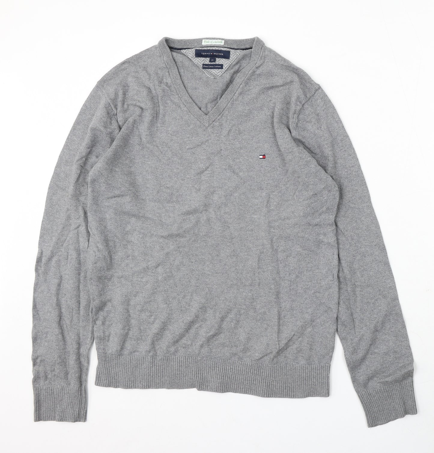 Tommy Hilfiger Mens Grey V-Neck Cotton Pullover Jumper Size M