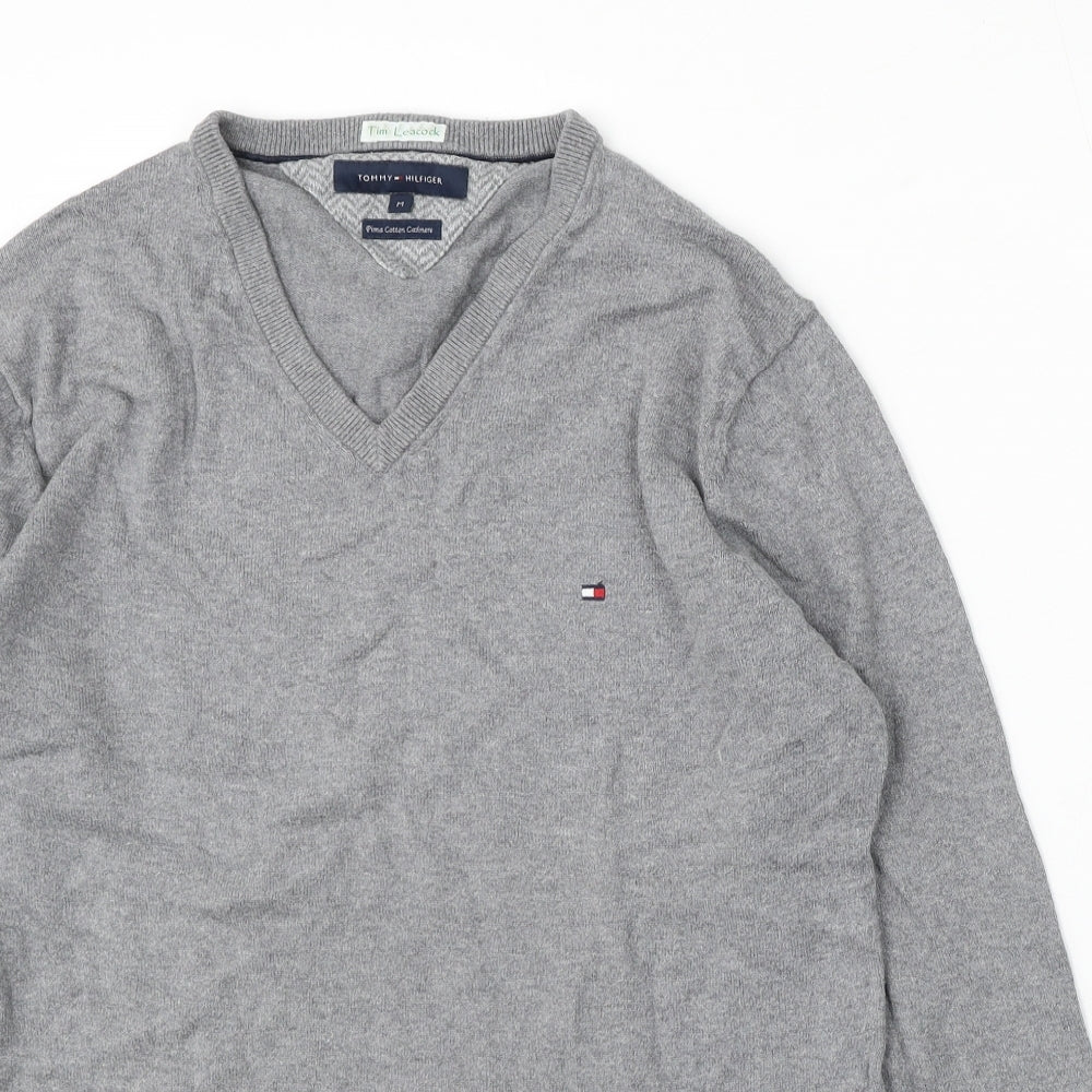 Tommy Hilfiger Mens Grey V-Neck Cotton Pullover Jumper Size M