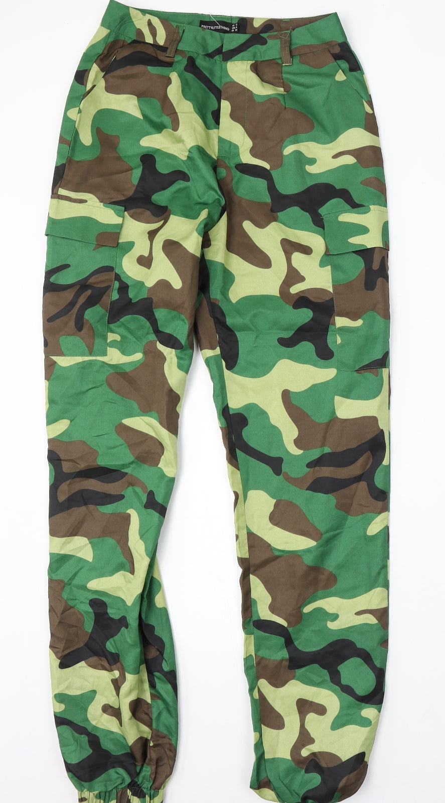 PRETTYLITTLETHING Womens Green Camouflage Polyester Cargo Trousers Size 8 L32.5 in Regular Button