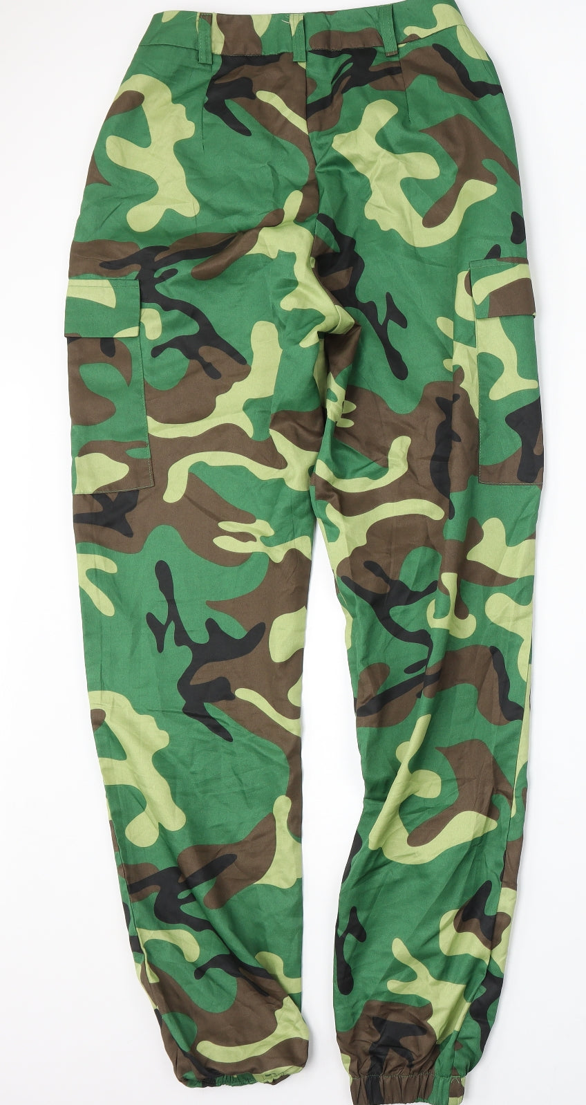PRETTYLITTLETHING Womens Green Camouflage Polyester Cargo Trousers Size 8 L32.5 in Regular Button