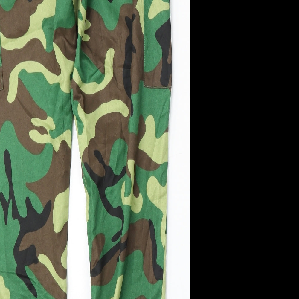 PRETTYLITTLETHING Womens Green Camouflage Polyester Cargo Trousers Size 8 L32.5 in Regular Button